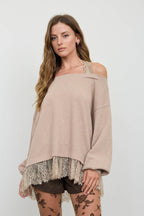 LAYERED HALTER LACE NECK OFF-SHOULDER KNIT TOP