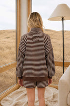 HALF ZIP STRIPE CONTRAST TRIM LONG SLEEVE KNIT TOP