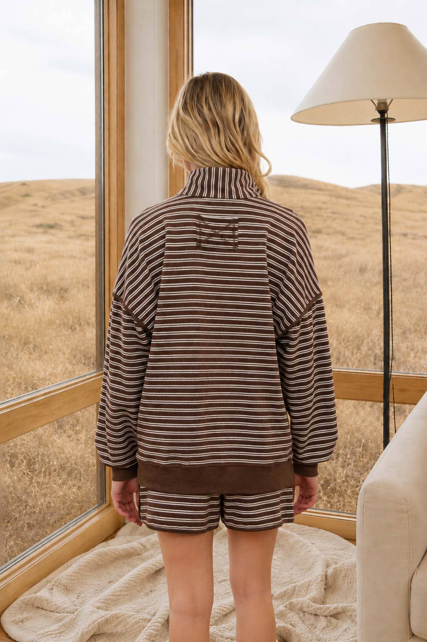 HALF ZIP STRIPE CONTRAST TRIM LONG SLEEVE KNIT TOP