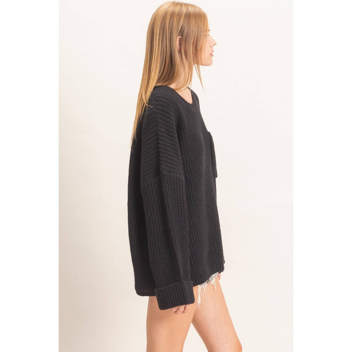 Ribbed Knit Patch Pocket Sweater