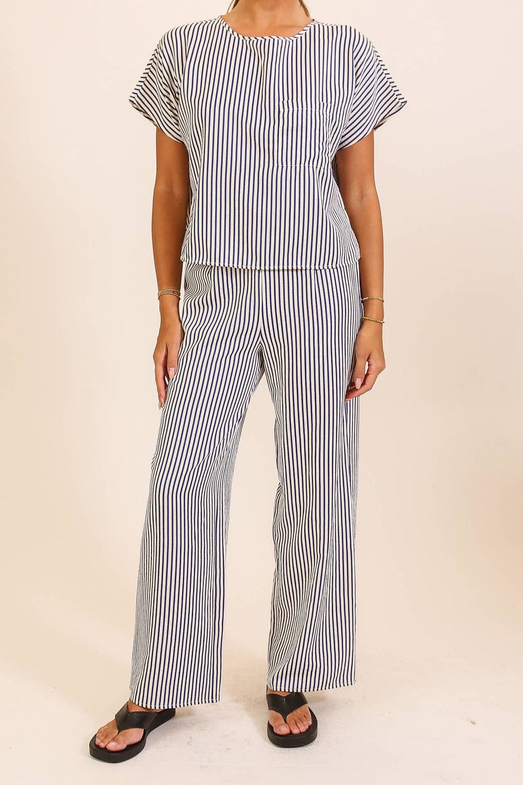 Striped Textured Top & Wide Leg Pant Set