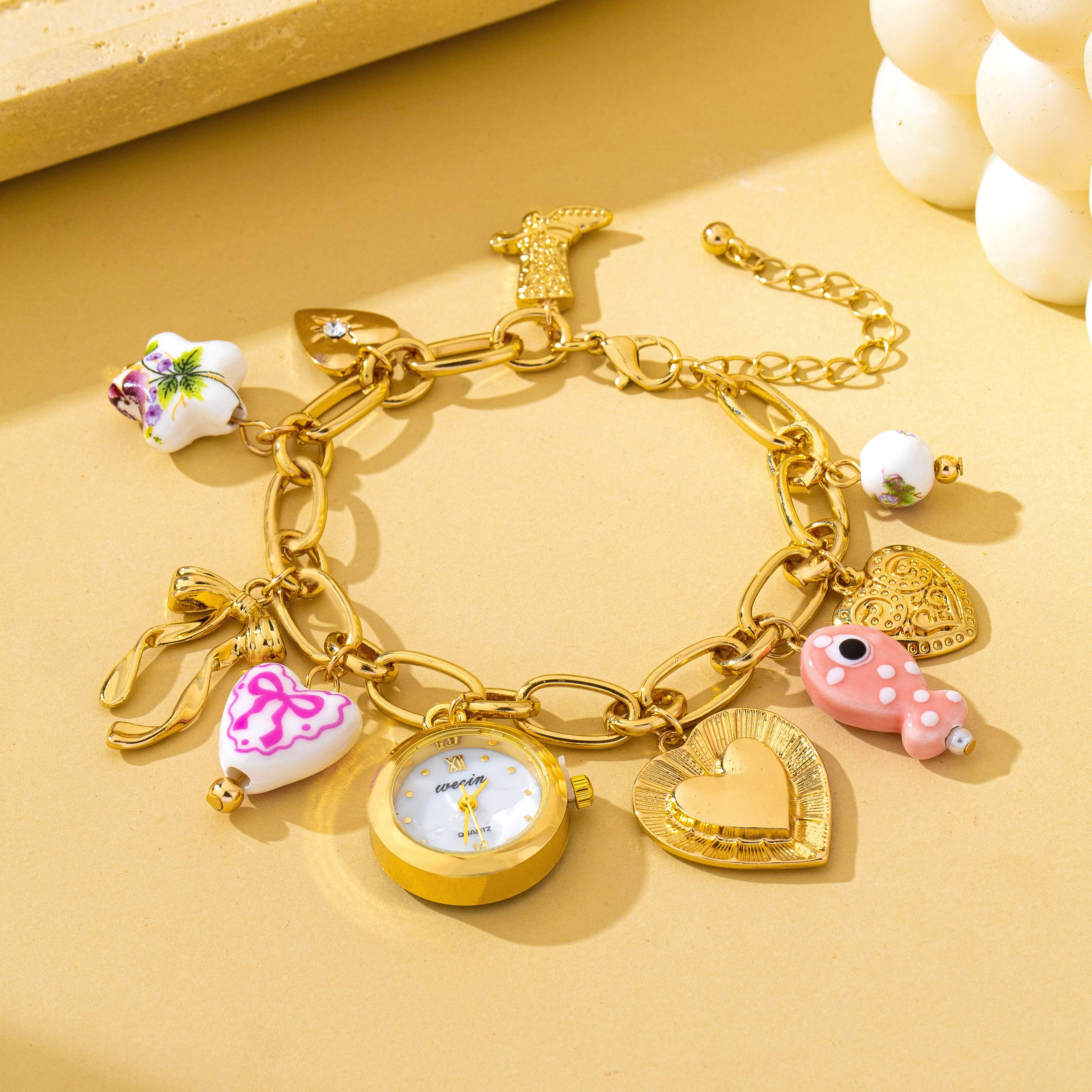 Vintage Pink Polka Dot Charm Watch Bracelet | 80W035