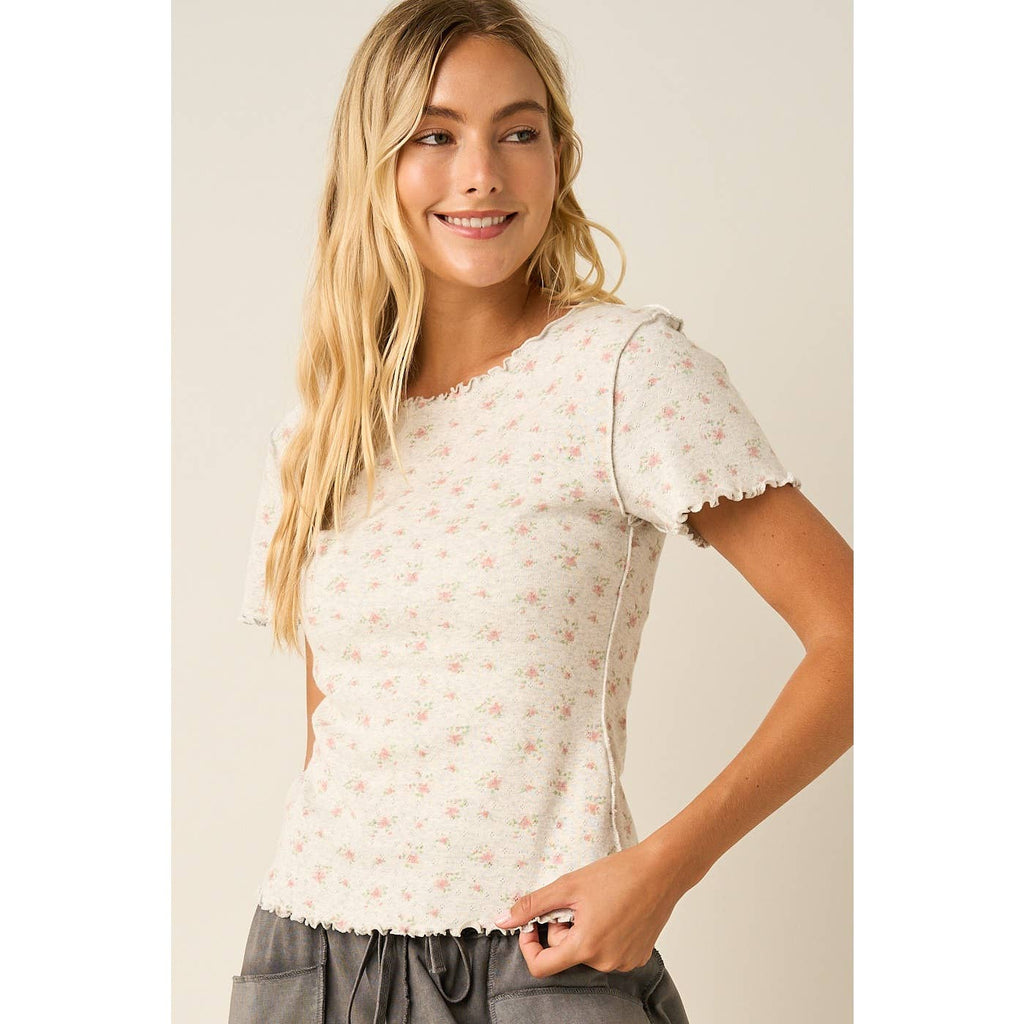 DITSY FLORAL PRINT LETTUCE EDGE SHORT SLEEVE TOP