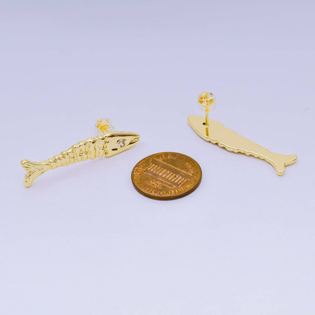 24K Gold Filled 35mm Clear CZ Hammered Fish Stud Earrings | AI549