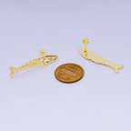 24K Gold Filled 35mm Clear CZ Hammered Fish Stud Earrings | AI549