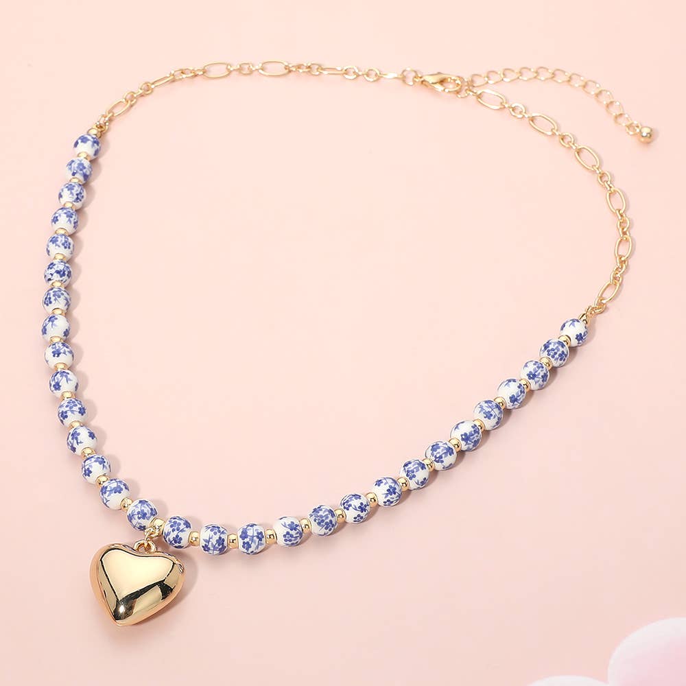 Floral Ceramic Ball Beaded Heart Pendant Necklace