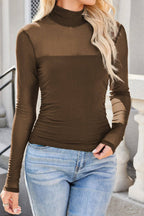 Sheer Mesh Patchwork High Neck Long Sleeve Top
