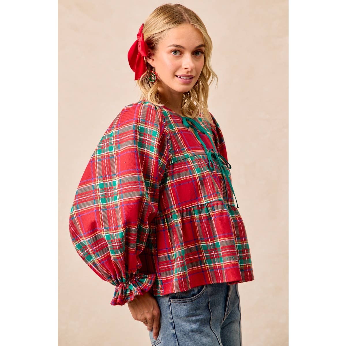CHRISTMAS PLAID TOP WITH FRONT BOW TIED DETAILS