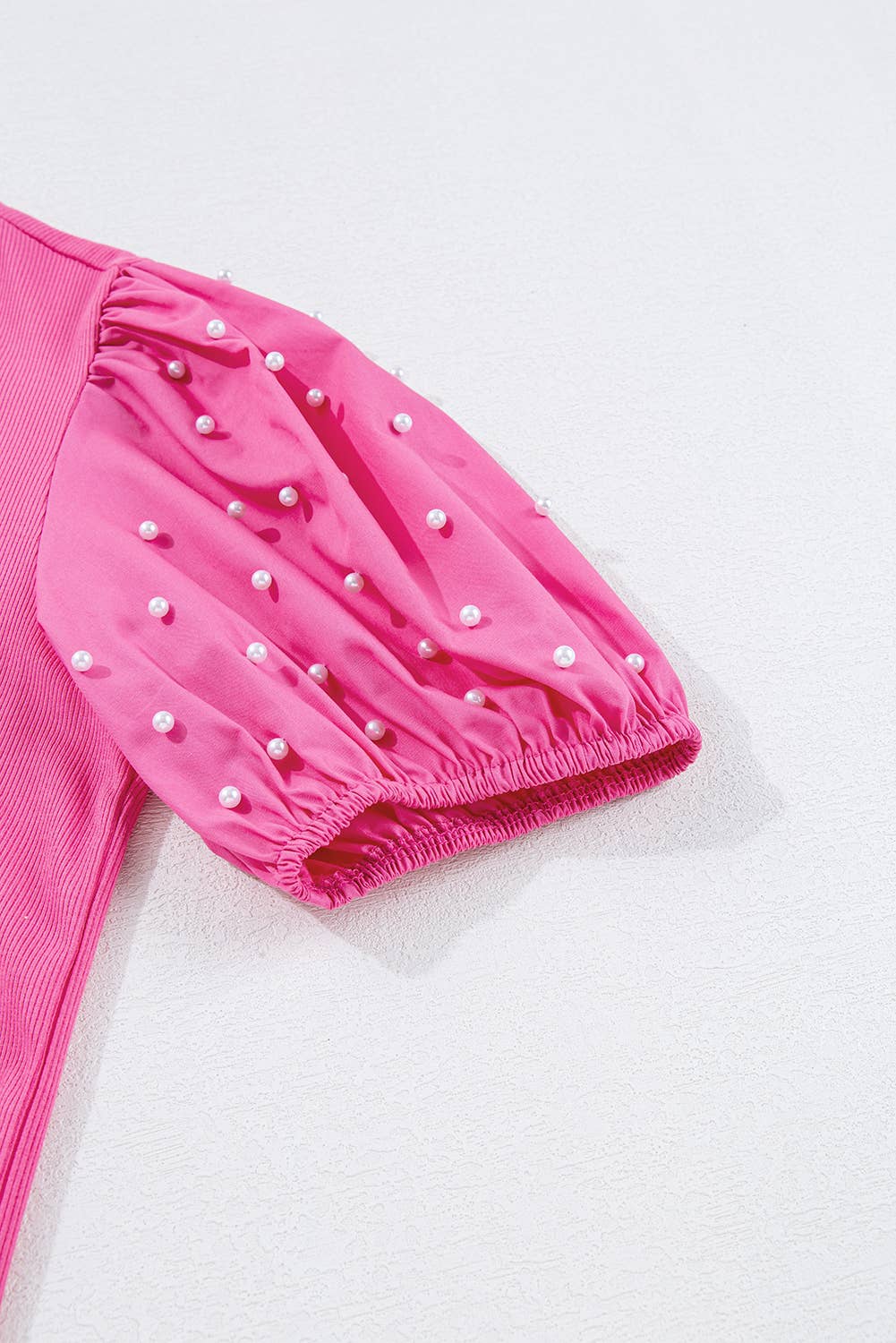 Ribbed Pearl Beaded Bubble Sleeve Top | S-XL