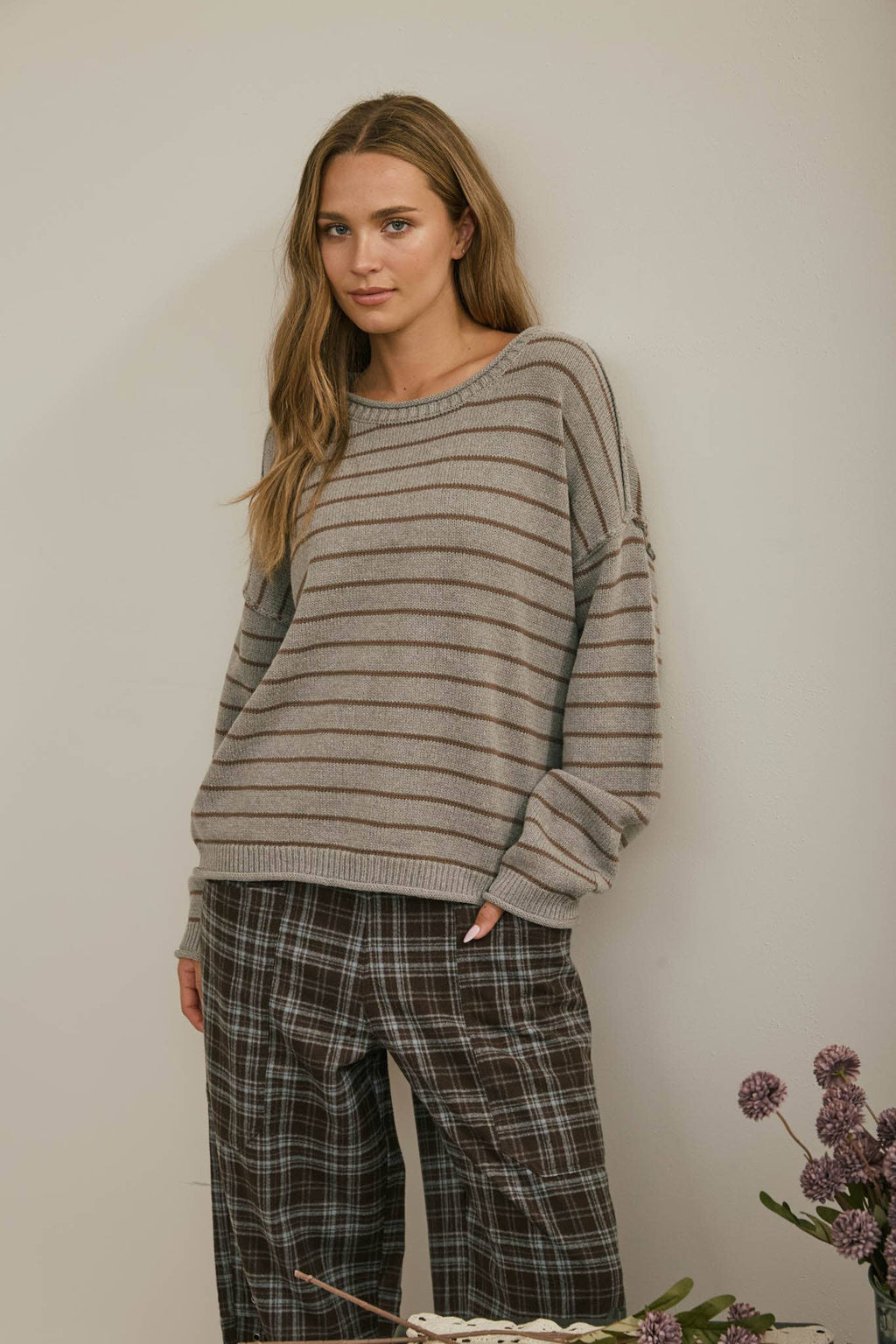 CREAM STRIPED DROP SHOULDER CREW NECK SWEATER
