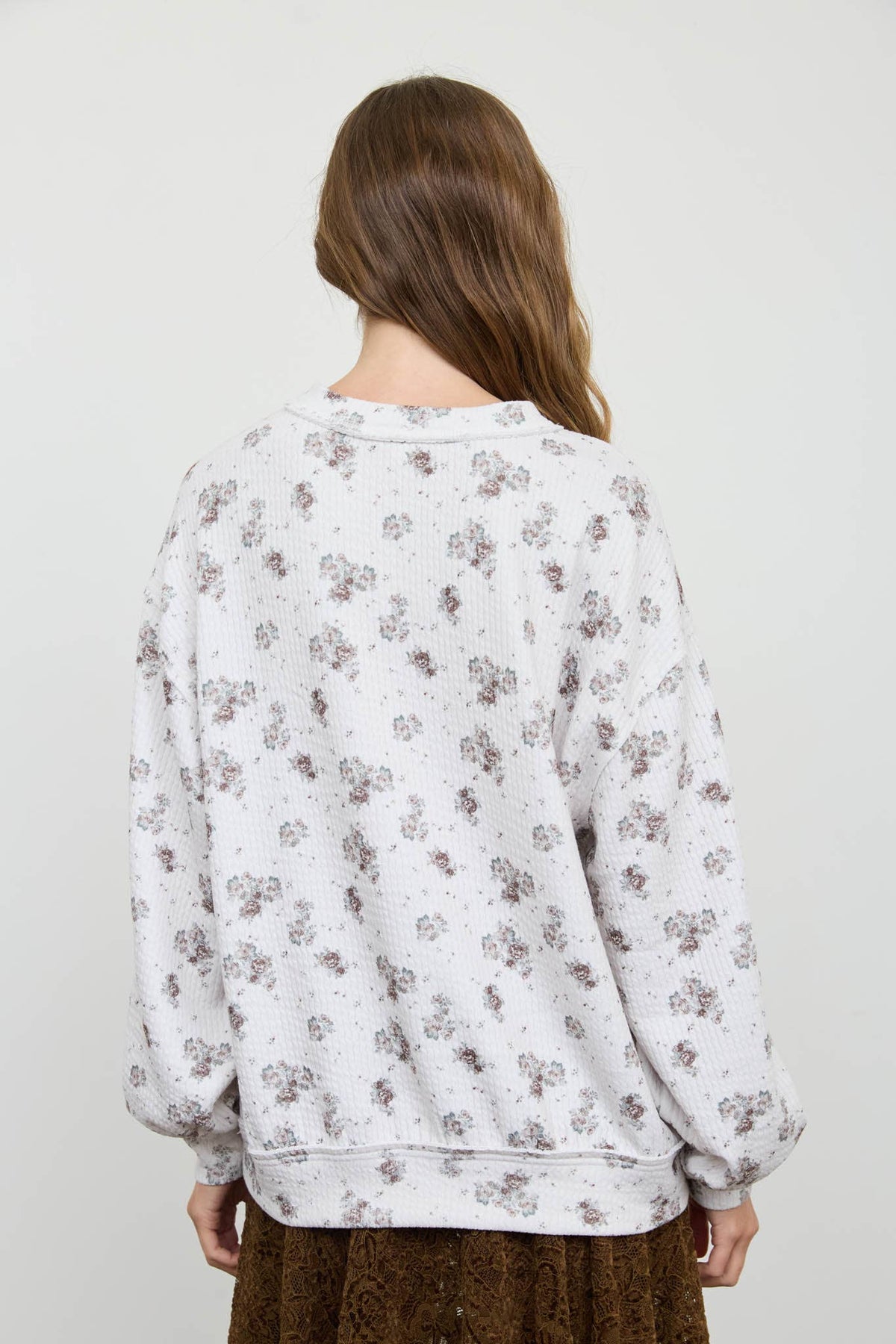 FLORAL DOT PRINT LONG SLEEVE TEXTURED KNIT TOP