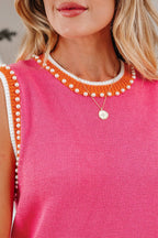 Contrast Trim Pearl Crewneck Sweater Top