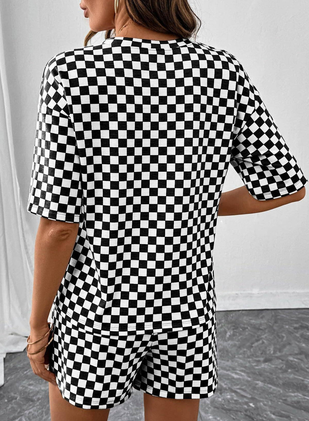 Checkered Short Sleeve Drawstring Lounge Set