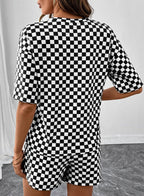 Checkered Short Sleeve Drawstring Lounge Set