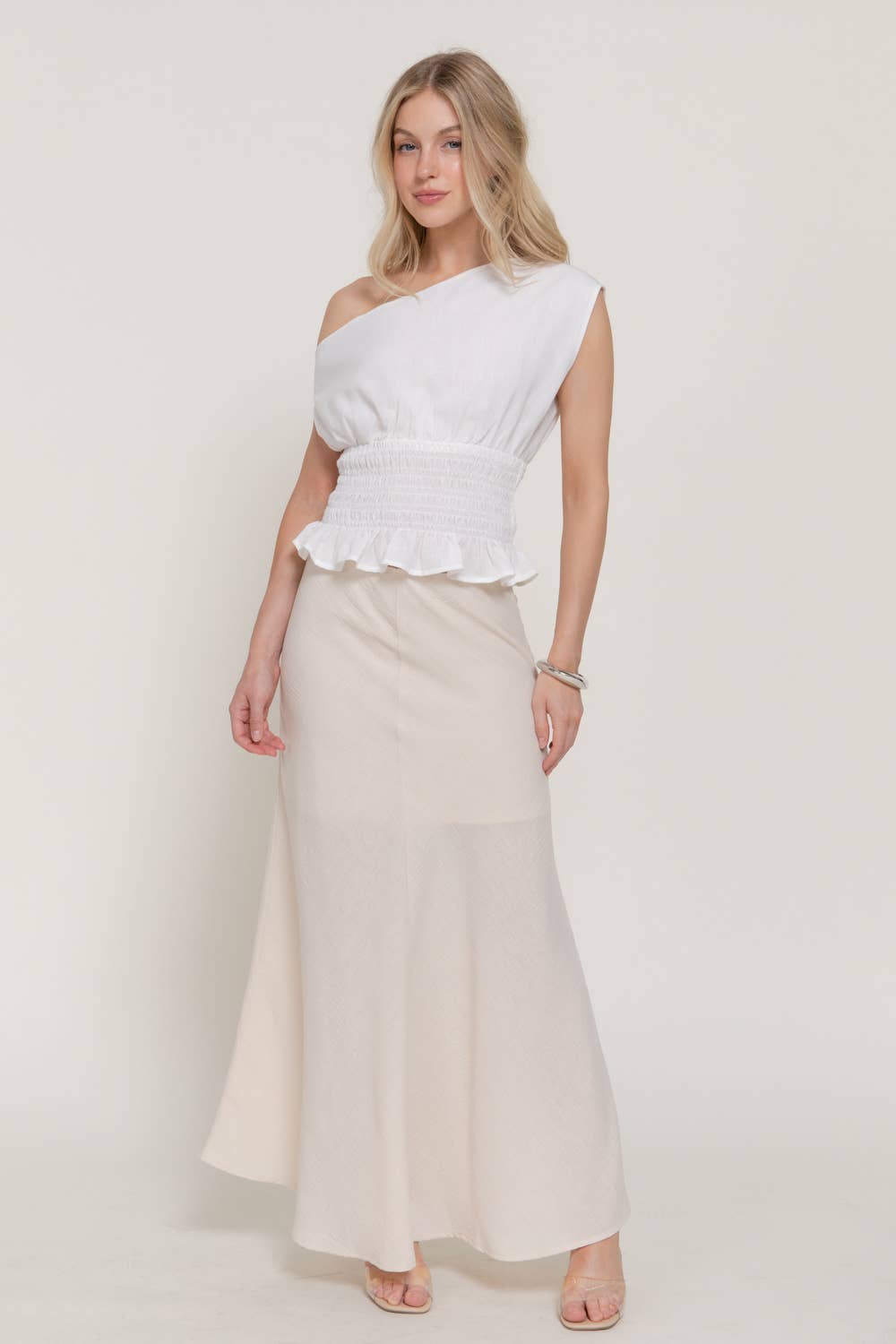 Asymmetrical Off The Shoulder Smocking Linen Effect Top