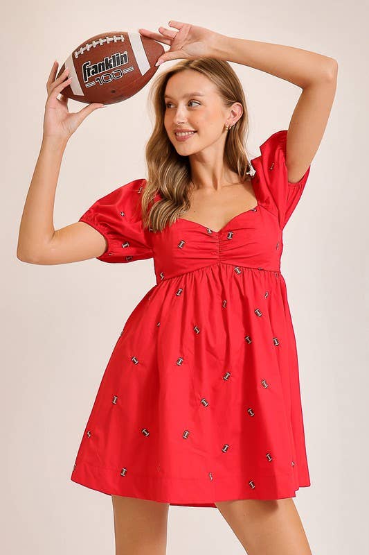 Football Embroidered Game Day Puff Sleeve Dress
