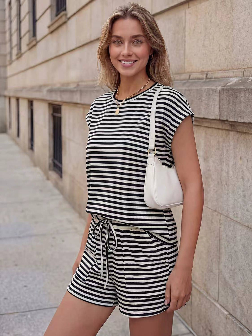 Two Piece Shorts Set with Striped Knit Top