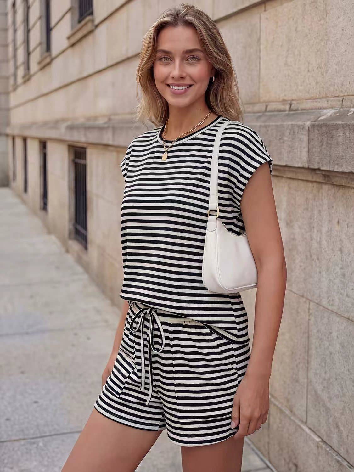 Two Piece Shorts Set with Striped Knit Top