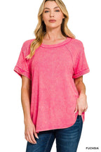 Washed Ribbed Cuffed Short Sleeve Round Neck Top
