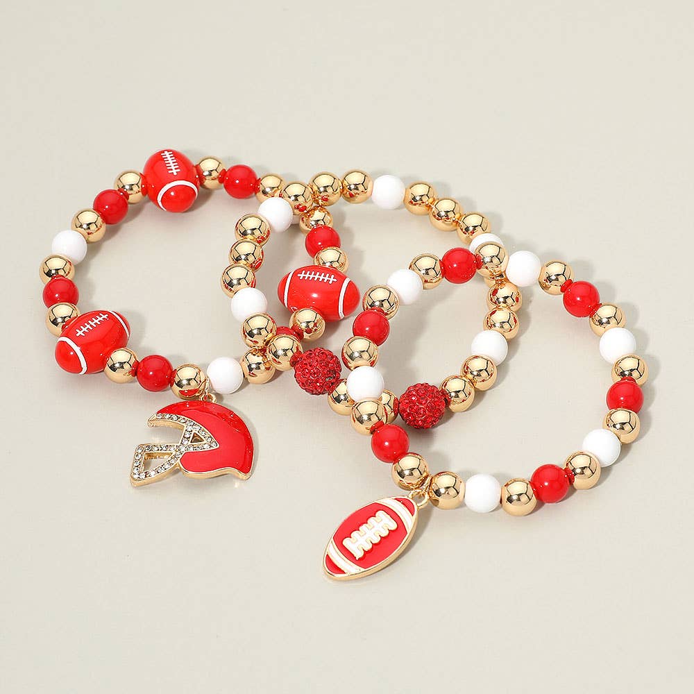3PCS - Game Day Football Helmet Charm Beaded Stretch Multi Layered Bracelets