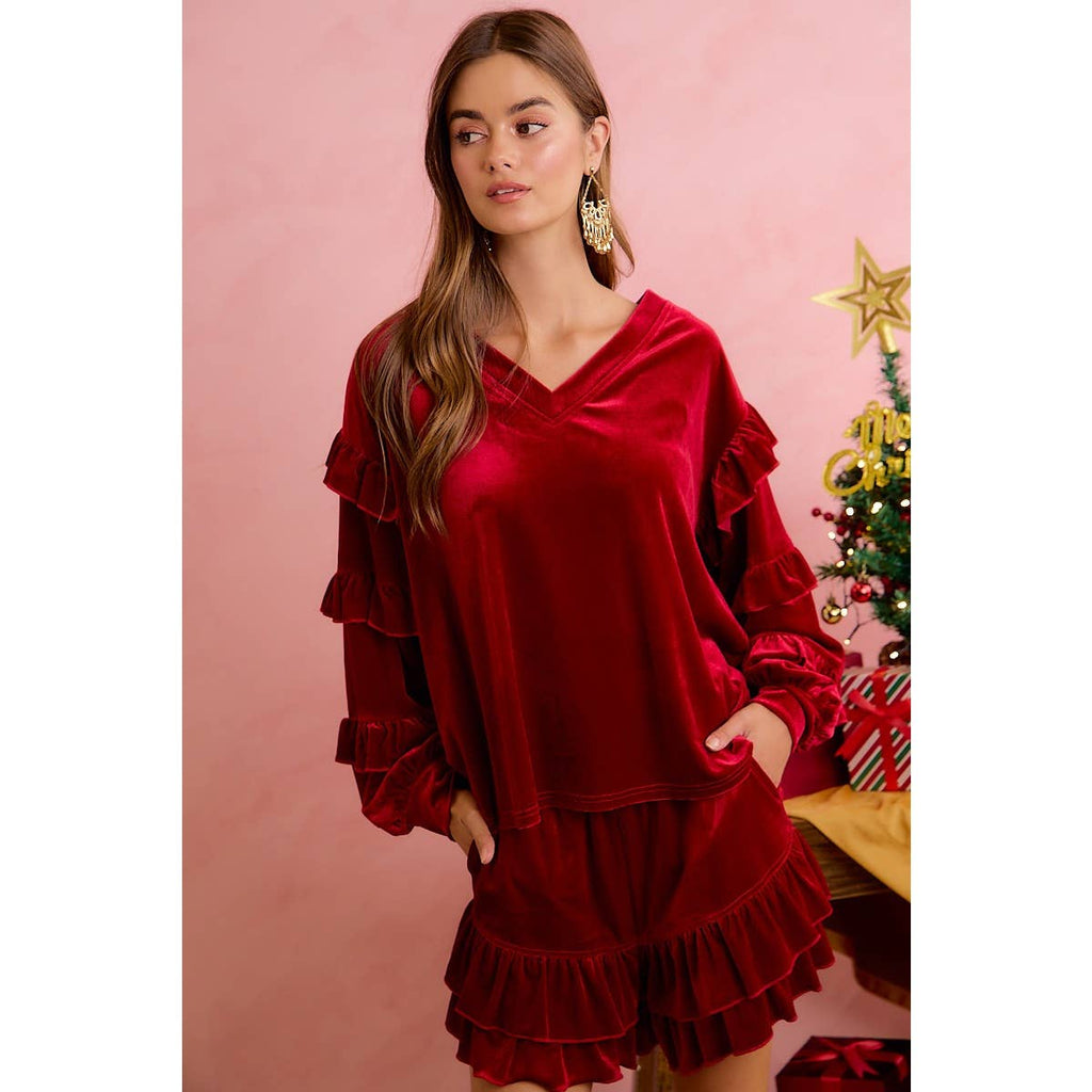 HOLIDAY VELVET RUFFLED SLEEVES V NECK TOP