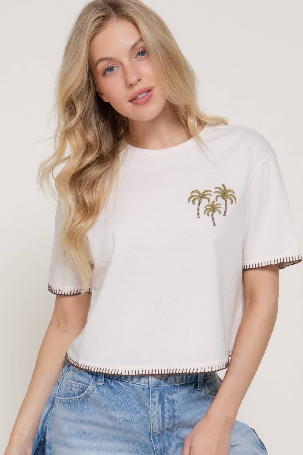 Short Sleeve Round Neck Embroidery Detail Cotton Jersey Top