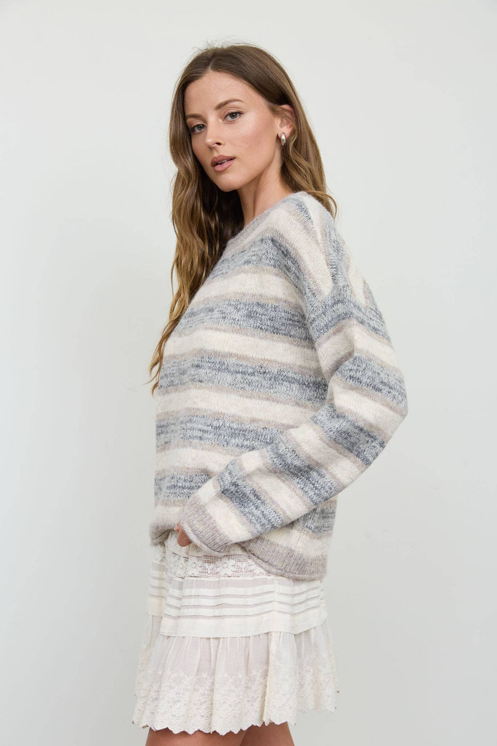 HEATHERED MULTI-STRIPE RAW EDGE KNIT SWEATER