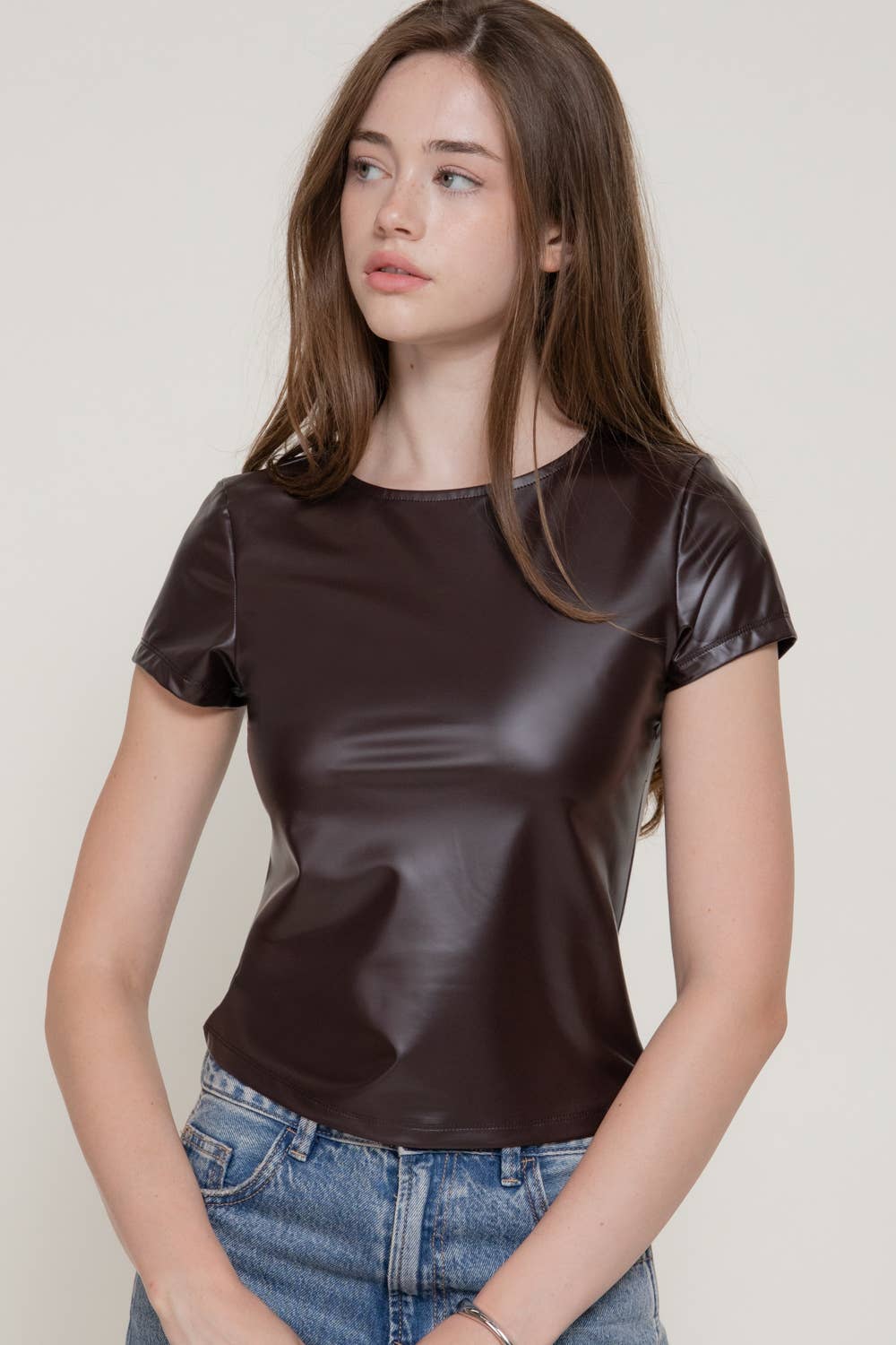 Short Sleeve Round Neck Stretch Faux Leather Top