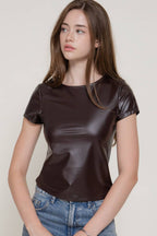 Short Sleeve Round Neck Stretch Faux Leather Top