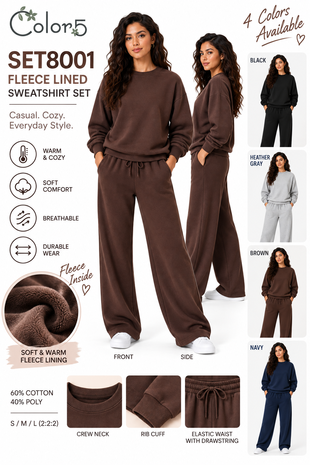 Fleece lined sweat shirt with wide leg loungewear 2 pcs set