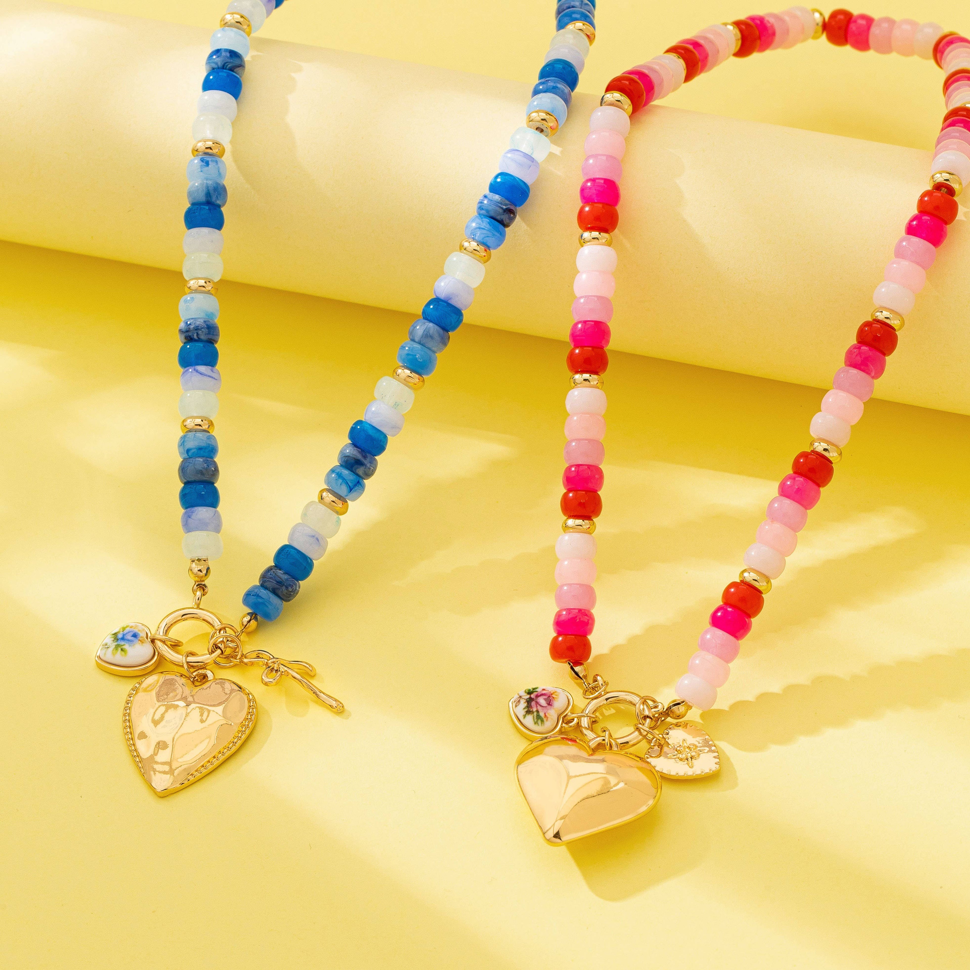 Sweetheart Beaded Porcelain Heart Charm Necklaces | 80N93023