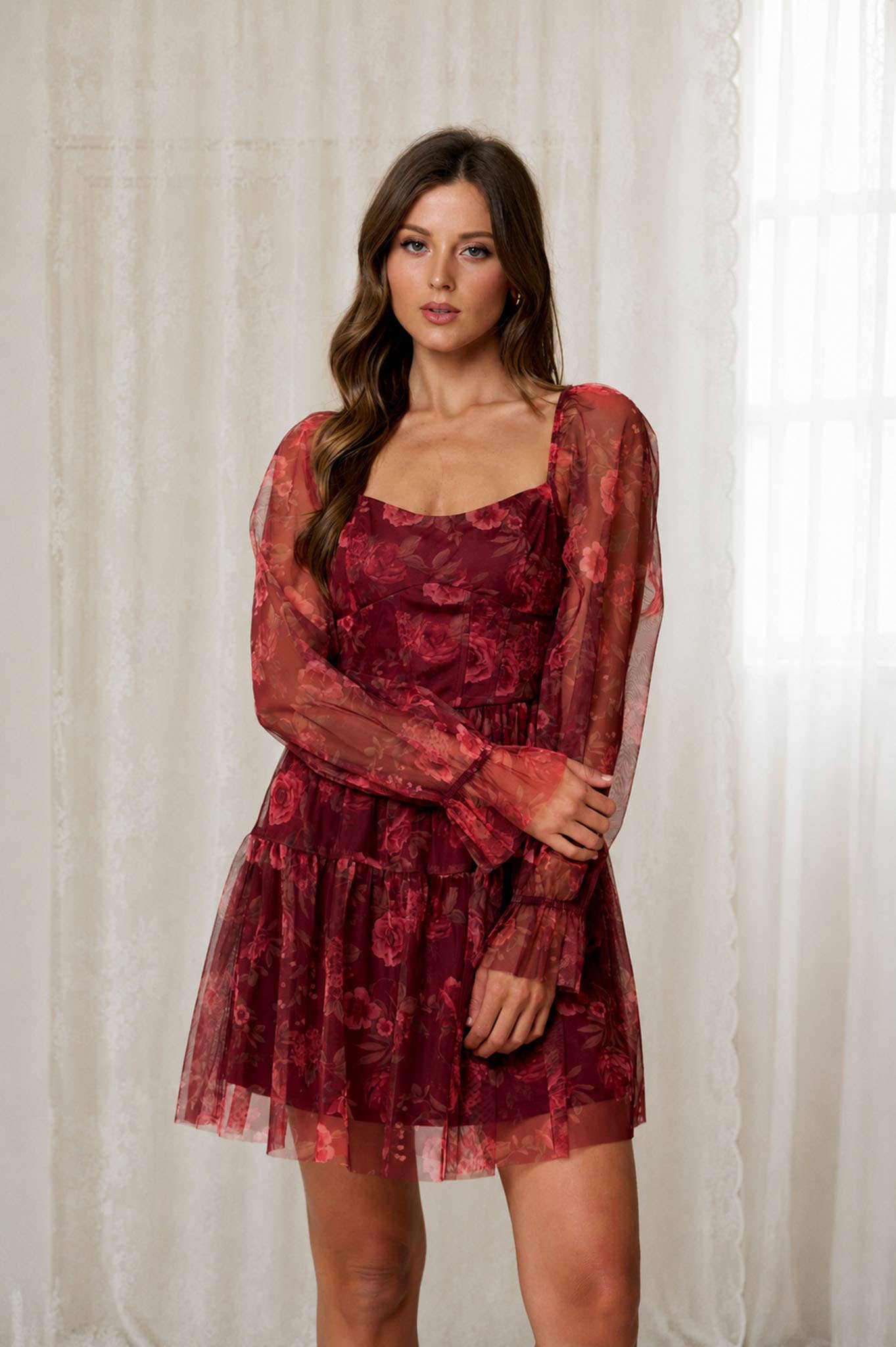 FLORAL CHIFFON LONG SLEEVE CORSET MINI DRESS
