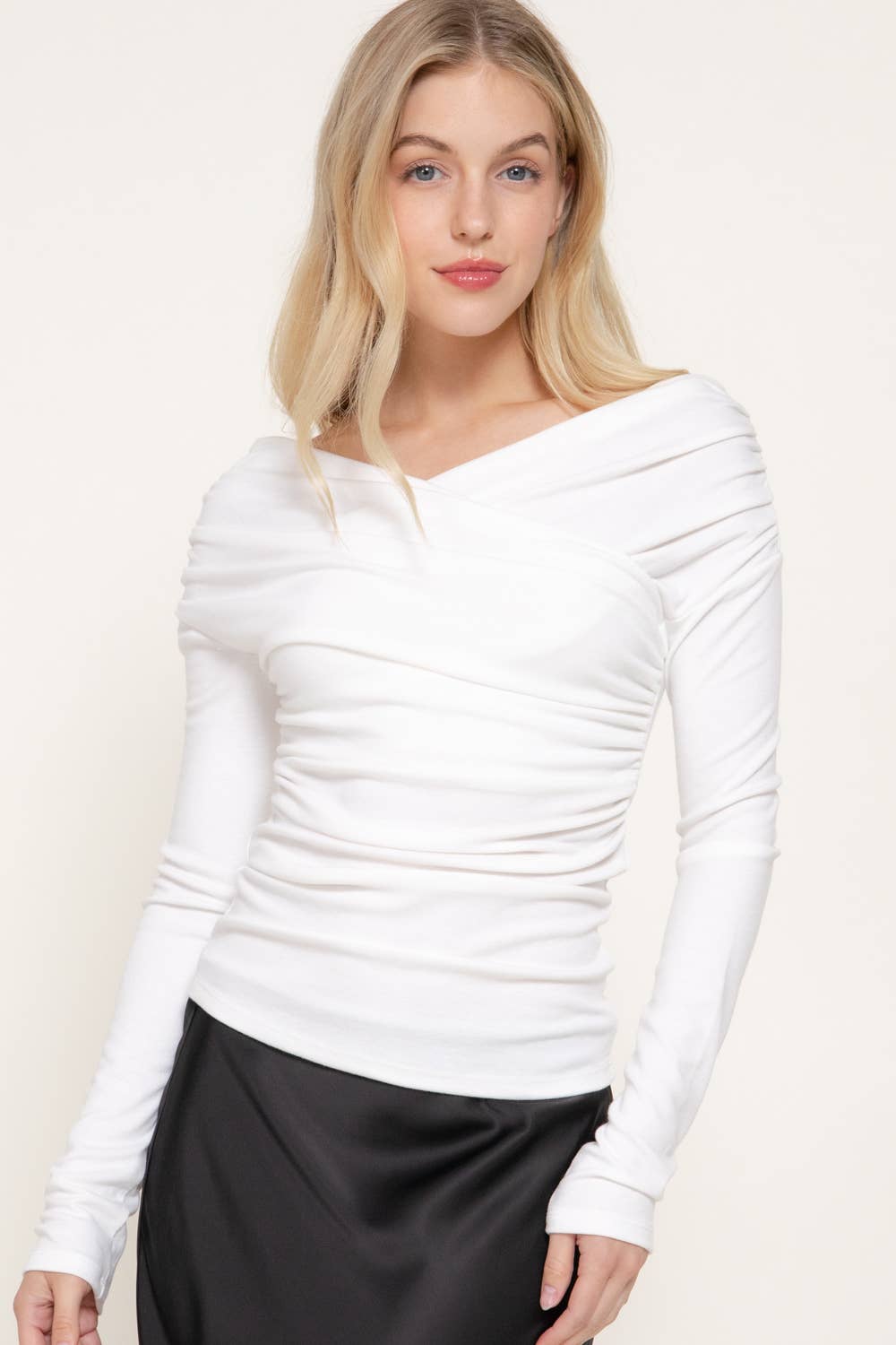 Long Sleeve Wrap Neckline Draped Detail Straight Knit Top