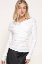 Long Sleeve Wrap Neckline Draped Detail Straight Knit Top
