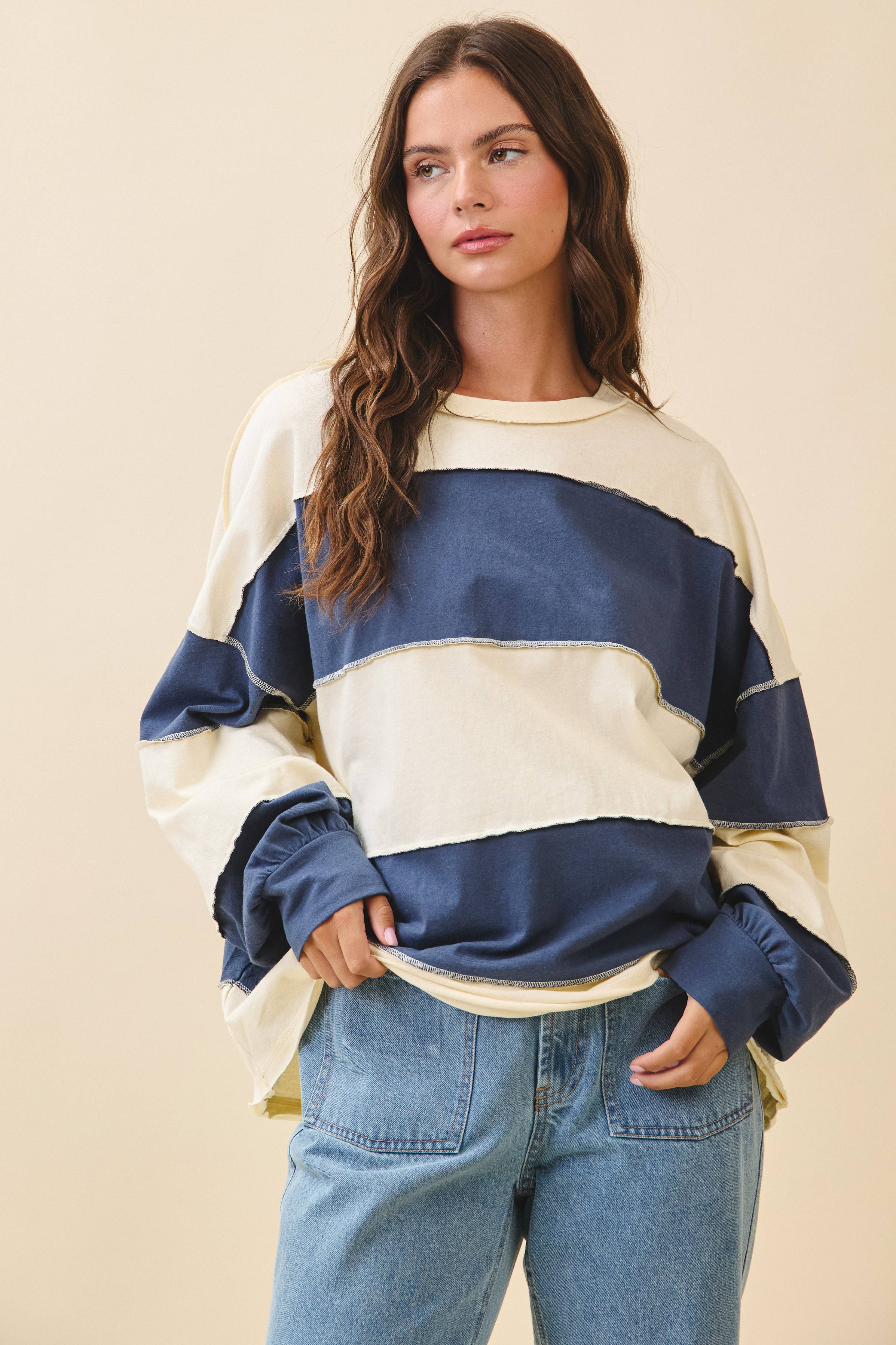 8551GN Contrast Panel Long Sleeve Slouchy Top