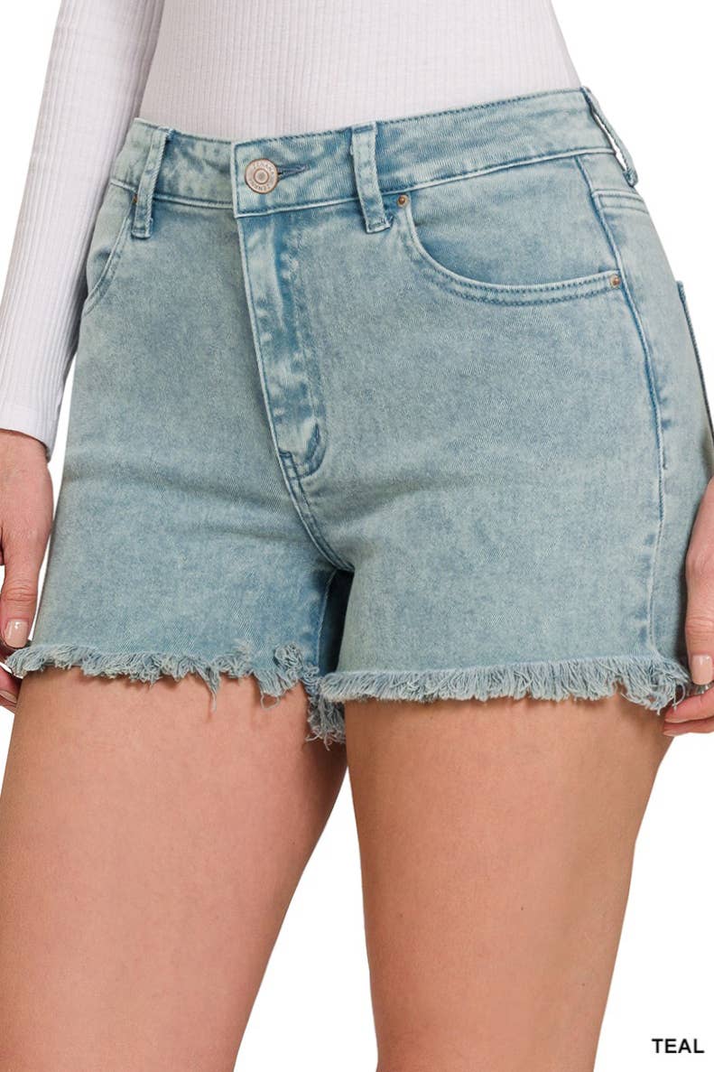 Washed Fray Hem Cotton Denim Shorts - Zenana