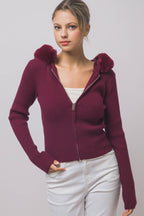 Faux-fur Trim Hooded Zip-up Sweater