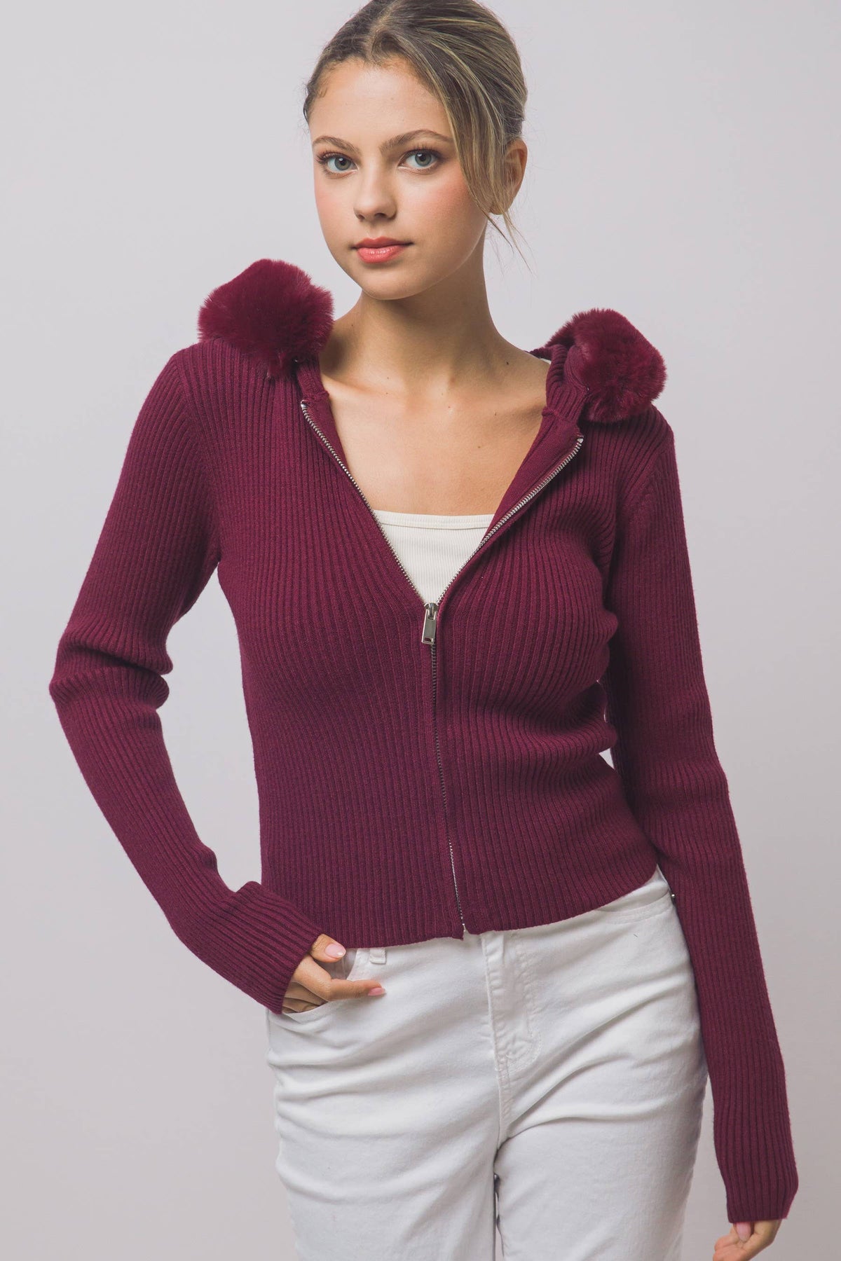 Faux-fur Trim Hooded Zip-up Sweater