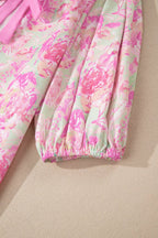 PRETTY BASH Floral Ribbon Tie Front Puff Sleeve Blouse