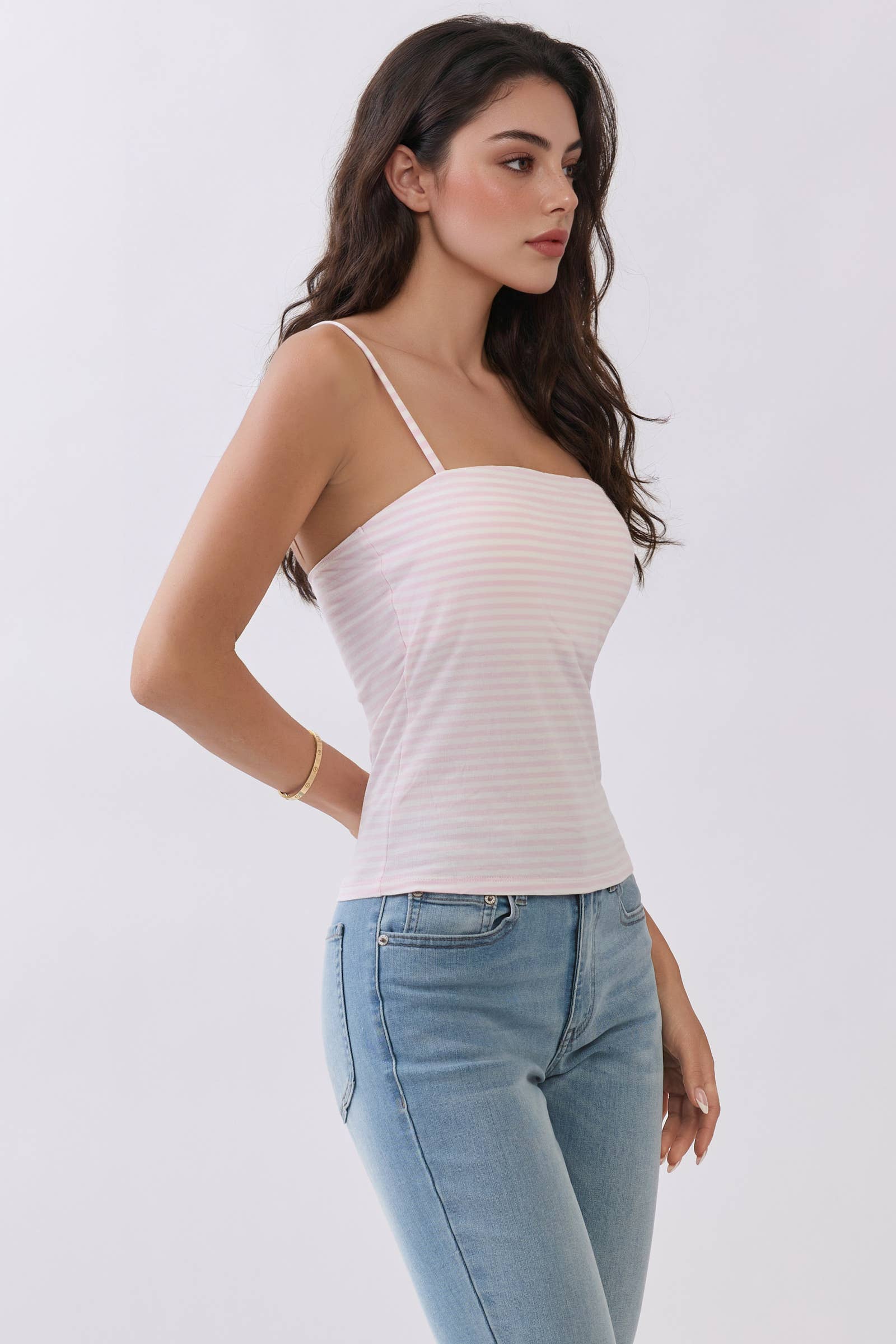 JC56962CS - STRIPED DOUBLE LINED  REMOVABLE BUILT-IN BRA TOP