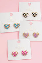 Checkered Enamel Heart Stud Earrings | 40E511