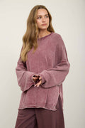 WASHED RAW EDGE CREW NECK DROP SLEEVE SWEATER