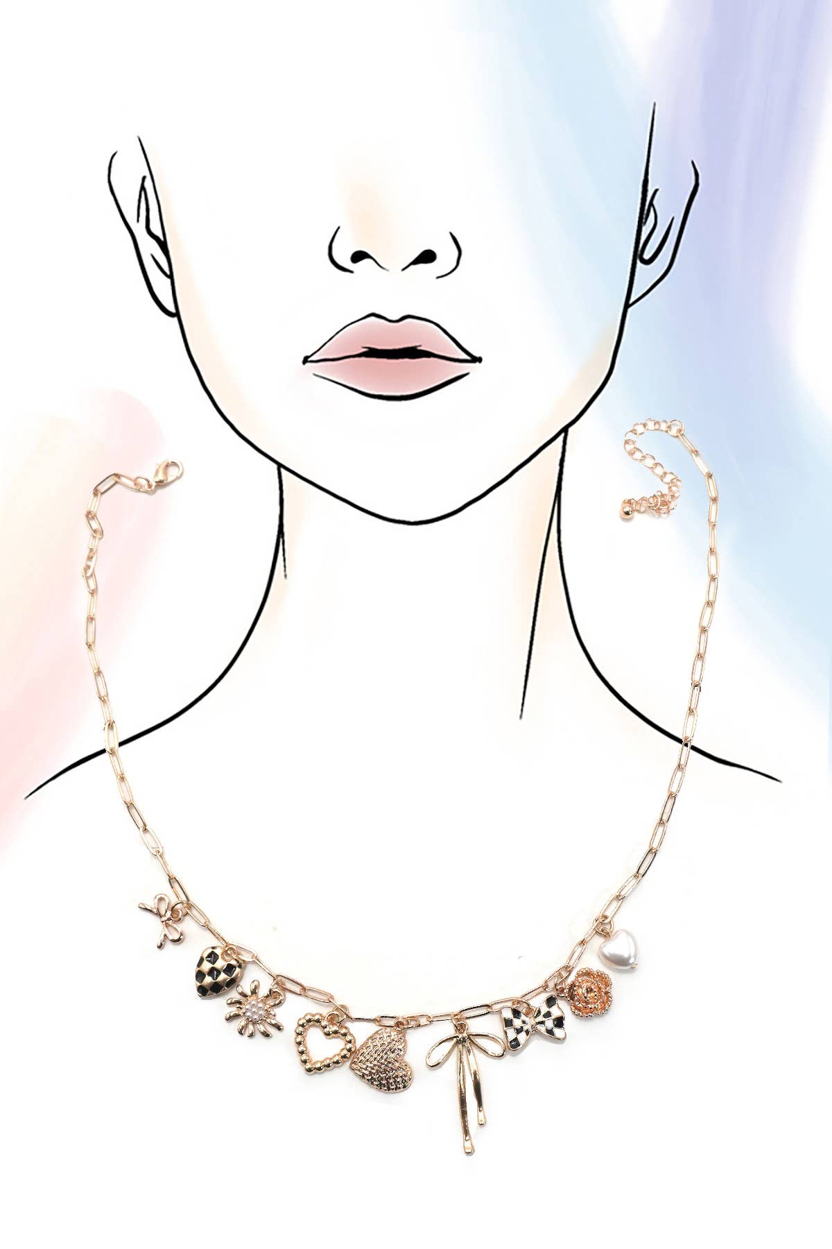 Checker Bow Heart Charm Necklace