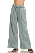 Acid Washed Fleece Pintuck Wide Leg Pants w/ Pockets