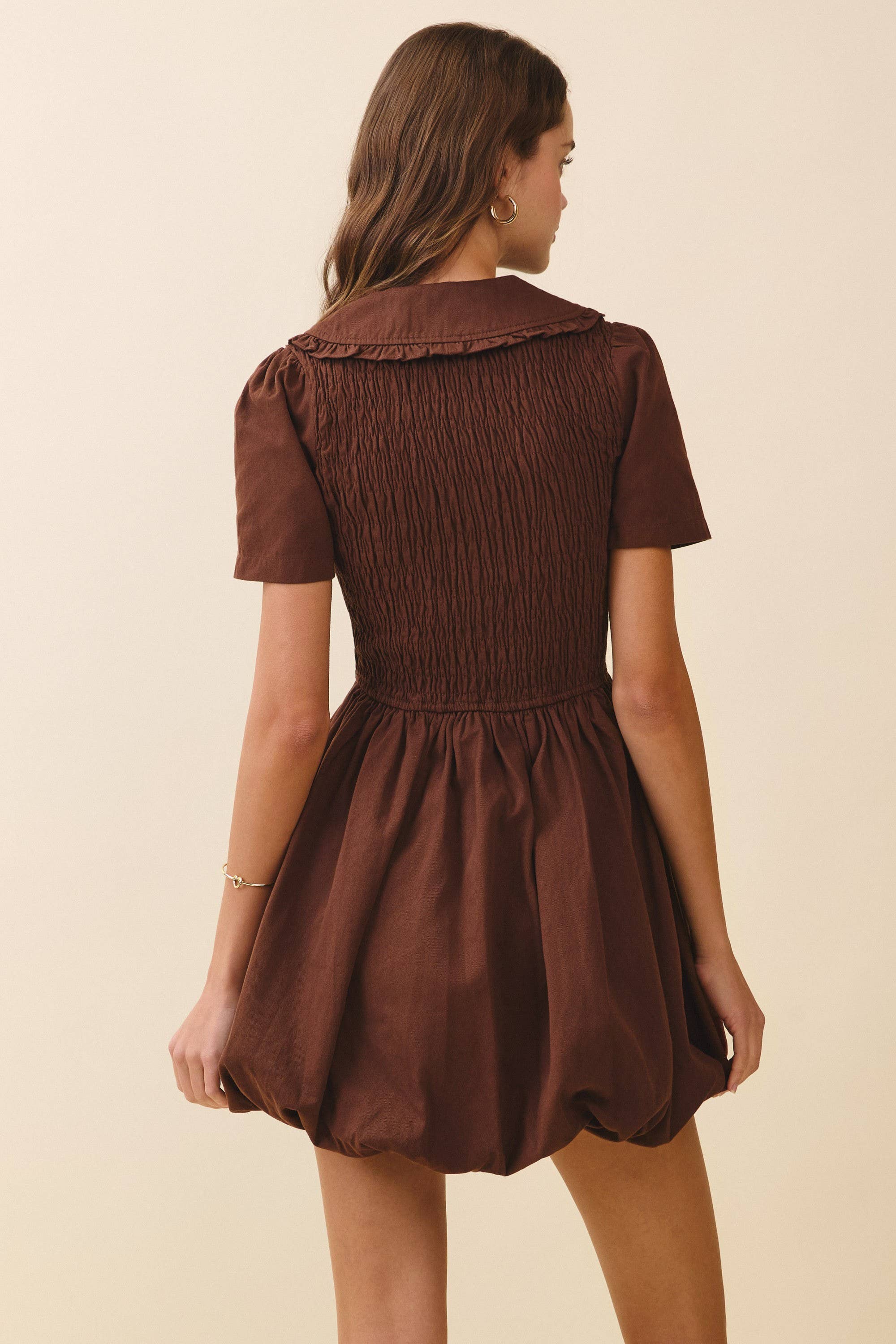 CD06412-Short Puff Sleeve Shirred Bodice Bubble Dress