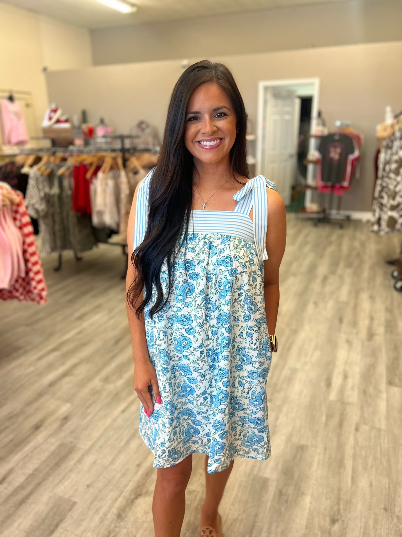 Blue Floral Bow Knot Mini Dress