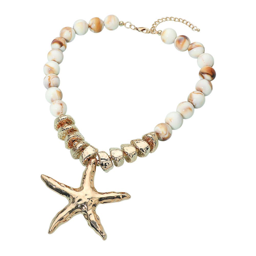 Bold Texture Metal Starfish Pendant Accent Beaded Statement Necklace