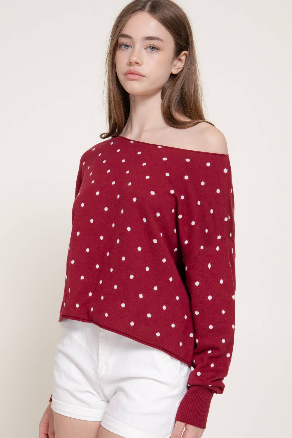 Long Sleeve Asymmetrical Off The Shoulder Dot Sweater Top