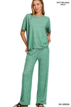 Soft Melange Short Sleeve Tee & Long Pants Set - Zenana