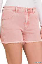 Washed Fray Hem Cotton Denim Shorts - Zenana